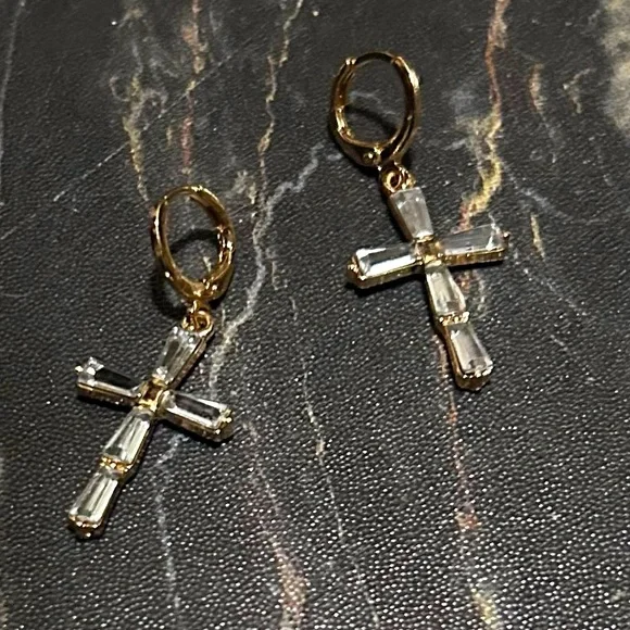 Gold Tone & Crystal Cross Earrings - Picture 3 of 5